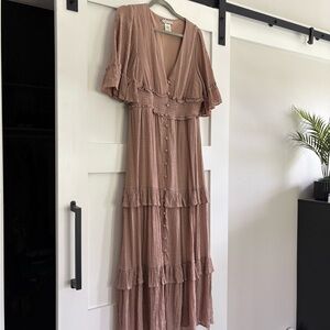 Mocha Tiered Gauze-like Peasant Maxi Dress